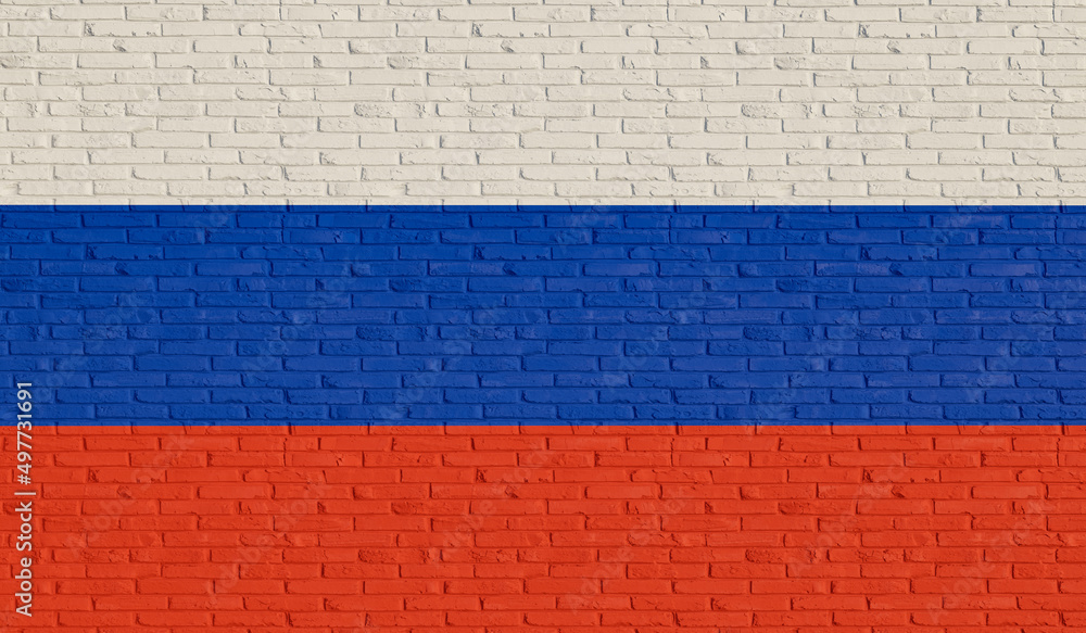 Russia, brick wall in white, blue and red the national colors of the Russians. 3D illustration Russia, brick wall in white, blue and red the national colors of the Russians. 3D illustration