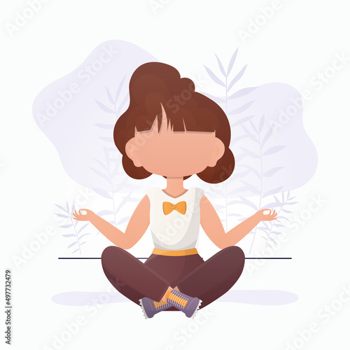 Little girl is meditating. Cute yoga, mindfulness and relaxation. Vector illustration in cartoon style.