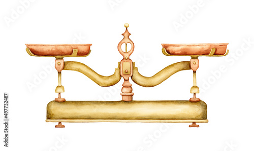 old scale in balance handpainted watercolor illustration isolated on a white background