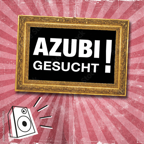 Moderne Anzeige im Comic-Style. Goldener Rahmen auf Vintage Hintergrund mit Text, Azubi Gesucht!