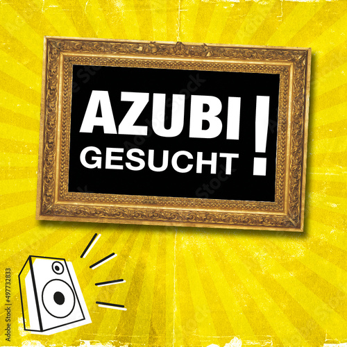 Azubi Gesucht! Moderne Anzeige im Comic-Style. Goldener Rahmen auf Vintage Hintergrund mit Text