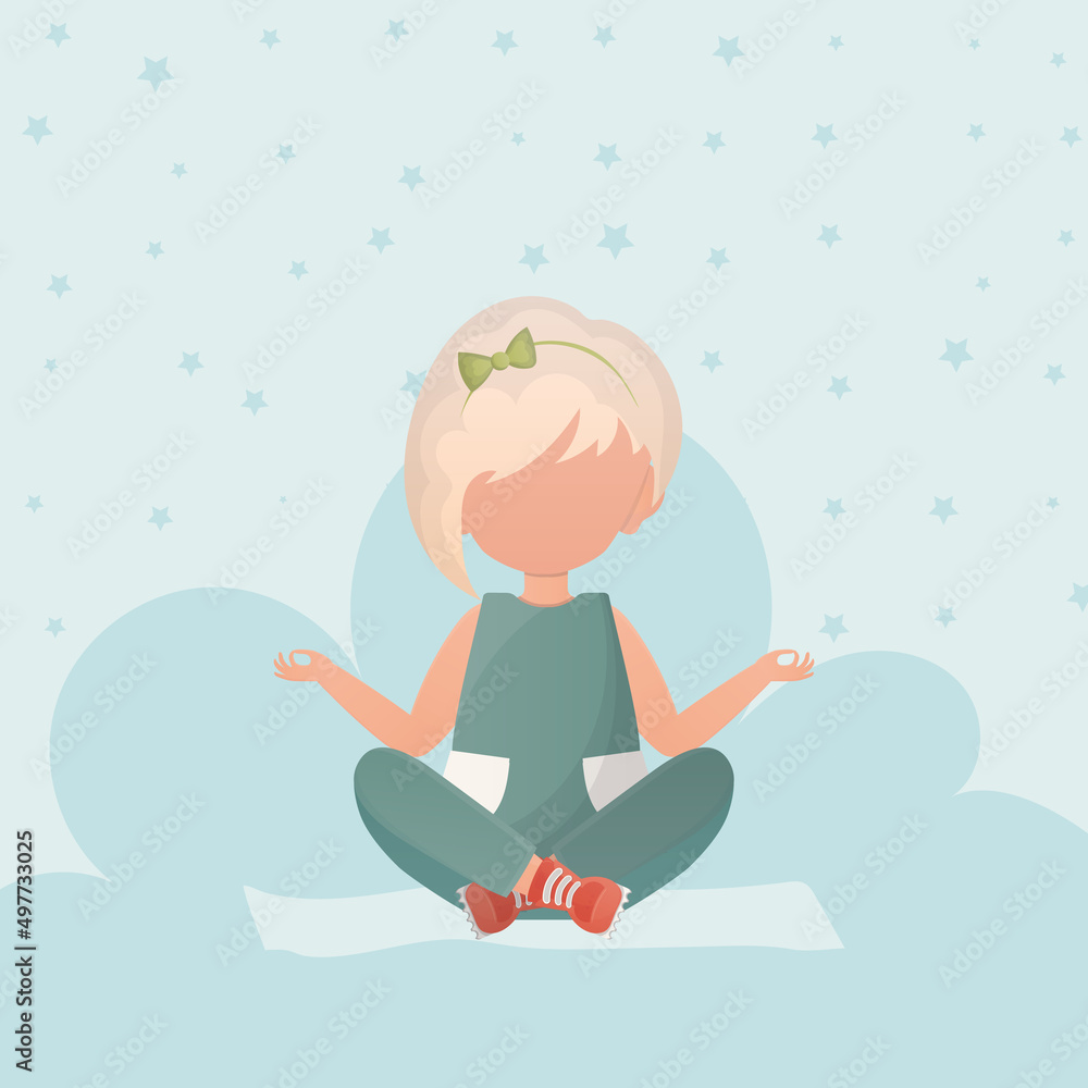 Little girl is doing yoga. Cute yoga, mindfulness and relaxation. Vector illustration.