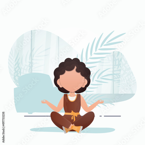 Little girl doing yoga in the lotus position. Cute yoga, mindfulness and relaxation. Vector.