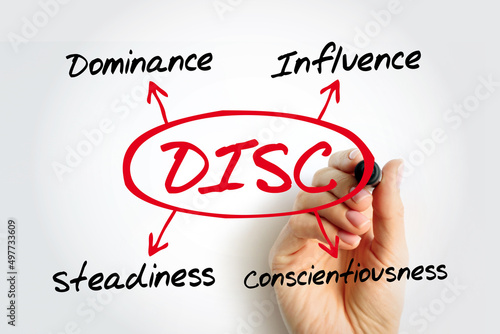 DISC, Dominance, Influence, Steadiness, Conscientiousness, acronym with marker, personal assessment tool to improve work productivity, business and education concept