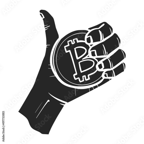 Hand drawn icon Hand holding bitcoin coin and gesturing thumb up
