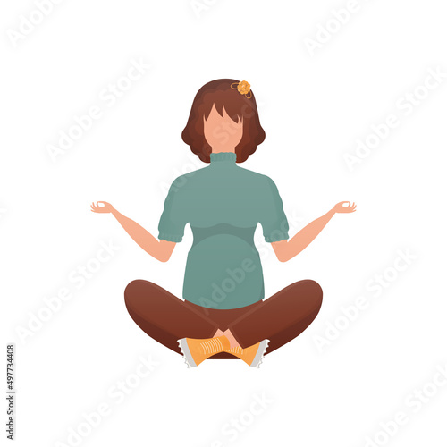 A woman sits in the lotus position. Isolated on white background. Cartoon style.