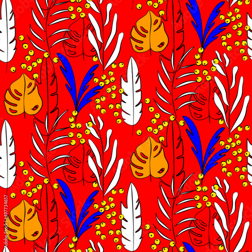 Vector seamless half-drop pattern, with leaves and hackberry