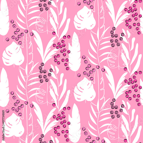 Vector seamless half-drop pattern, with leaves and hackberry