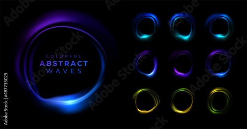 Colorful abstract waves isolated on black background. Neon glowing circles. Vector illustration with round fluorescent frame. Freezelight. Music concept, equalizer.