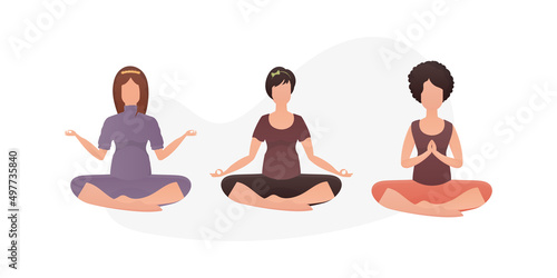 Set of Women Meditate. Isolated. Vector illustration in cartoon style.