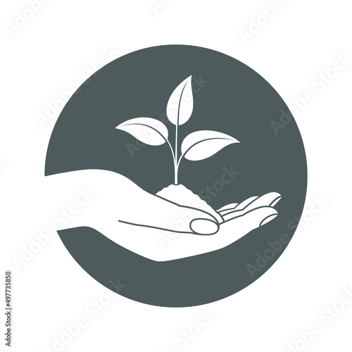 Human hand holding young plant. Nature protection and environmental friendly care symbol. Vector illustration