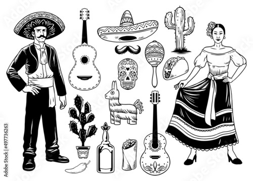 Set of Hand Drawn Vintage Mexican Culture Objects