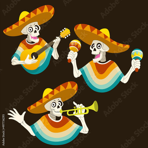 Set Skull Cartoon Mexican Character