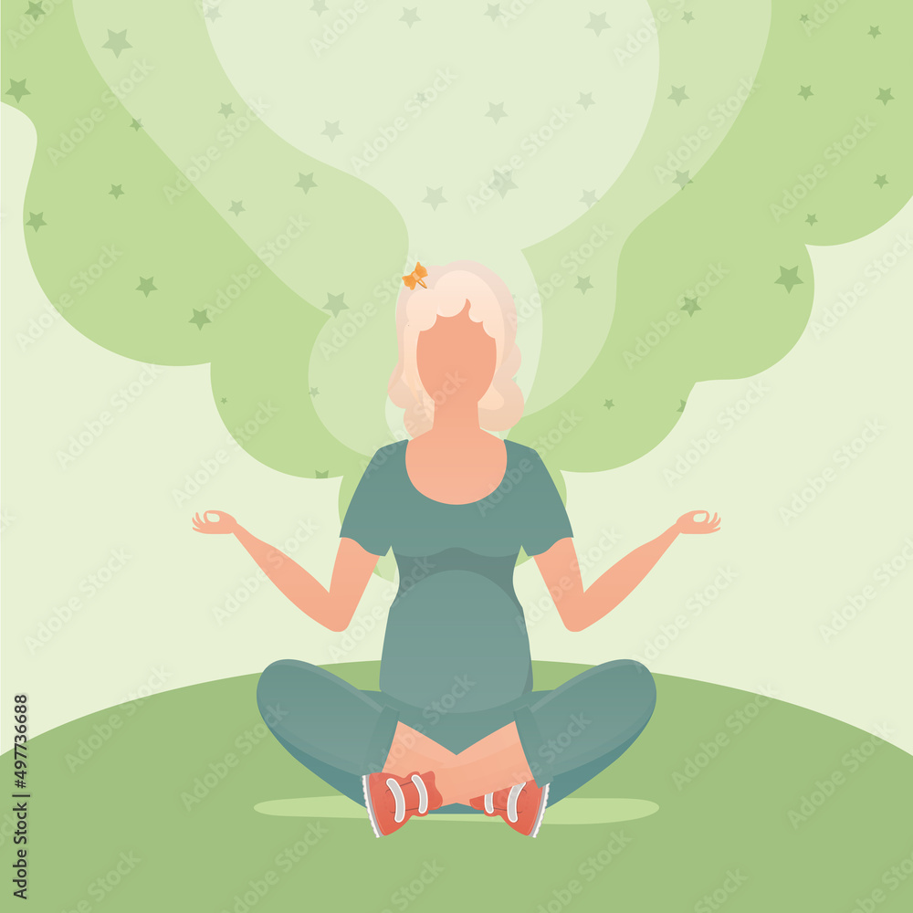 Woman Meditates. The concept of calm and tranquility. Vector illustration in cartoon style.