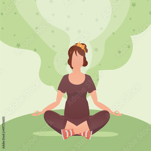 Woman Meditates. The concept of calm and tranquility. Cartoon style.