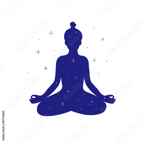 Woman sitting in lotus pose of yoga. Universe, night sky, stars inside of girl body. Mental detox, relax, meditation. Female character zen like meditating. Mindfulness, self care vector illustration