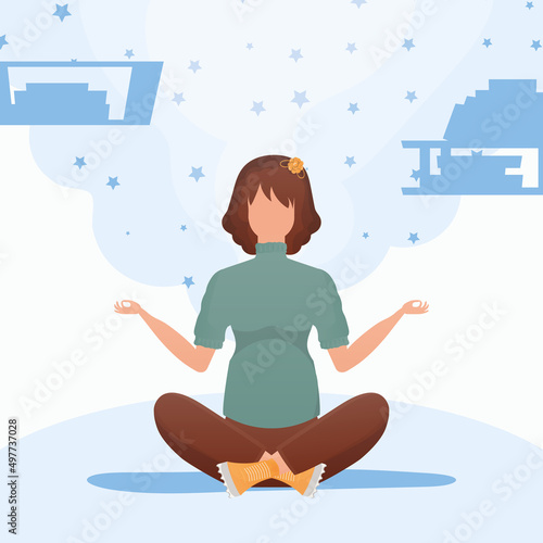 Woman doing yoga in lotus position. Healthy lifestyle concept. Cartoon style.