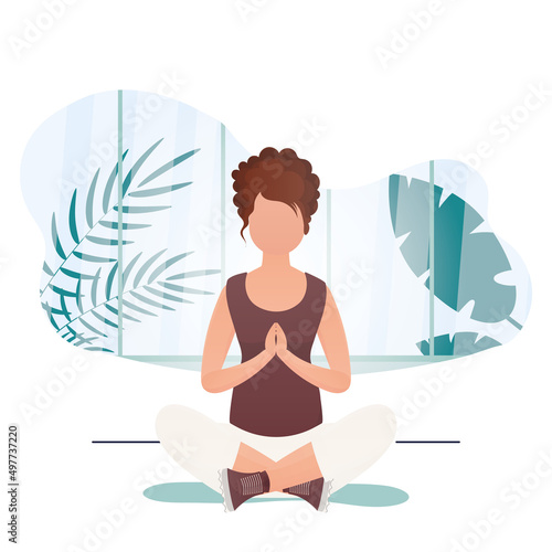 Woman doing yoga in lotus position. The concept of calm and tranquility. Vector.