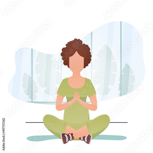 Woman doing yoga in lotus position. The concept of calm and tranquility. Vector illustration in cartoon style.