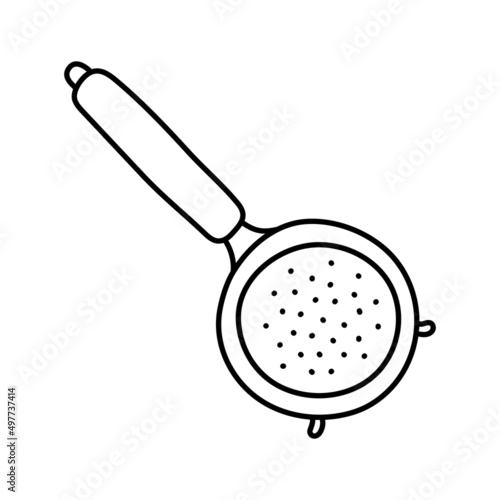 Sieve. Kitchenware sketch. Doodle line vector kitchen utensil and tool. Cutlery