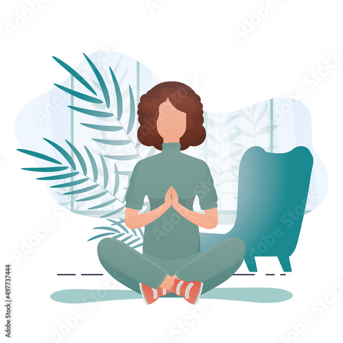 A woman sits in the lotus position. Healthy lifestyle concept. Cartoon style.