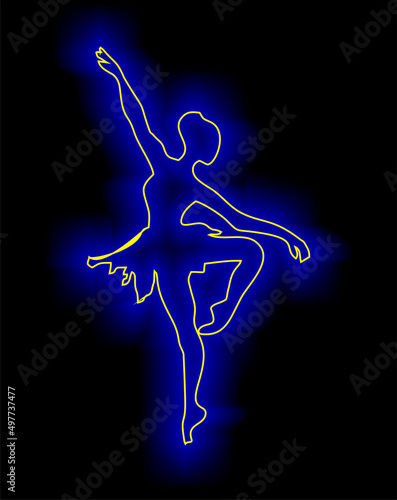 contour yellow drawing of a ballerina on a black background, blue glow