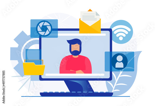 Social media online communication The young man greets the interlocutor