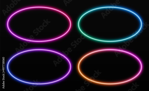 Gradient oval frames set. Glowing rounded borders isolated on a dark background. Colorful night banner, vector light effect. Bright illuminated shape.