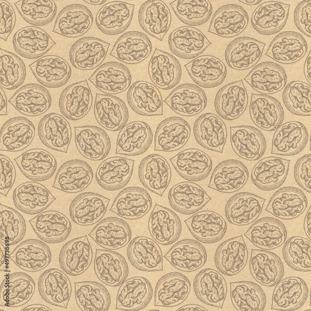 Seamless pattern with linear, hatched walnut illustrations on a craft background