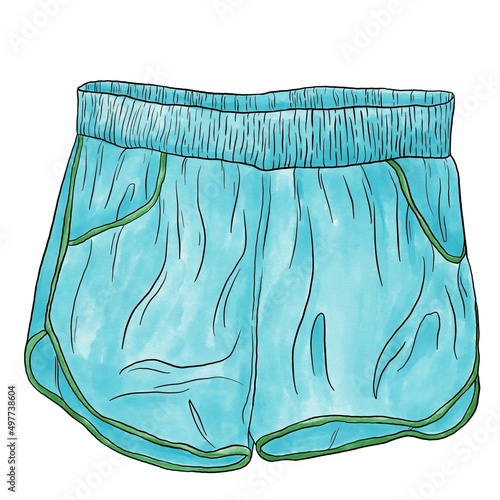 Illustration of shorts, contour picture, watercolor fill in blue