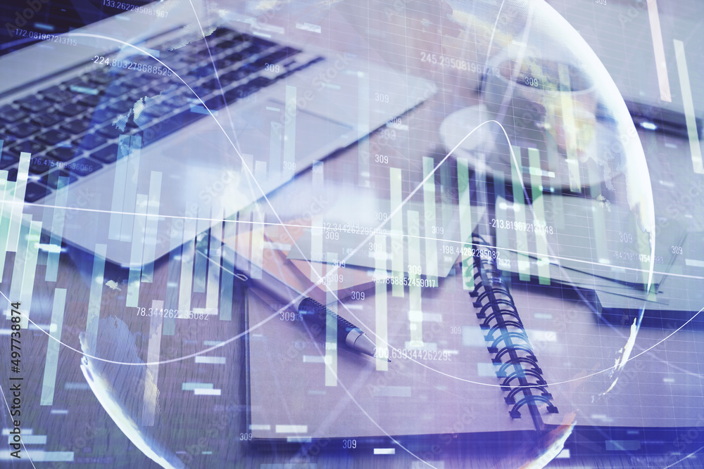 Double exposure of business theme drawing and desktop with coffee and items on table background. Concept of market trading Double exposure of business theme drawing and desktop with coffee and items on table background. Concept of market trading