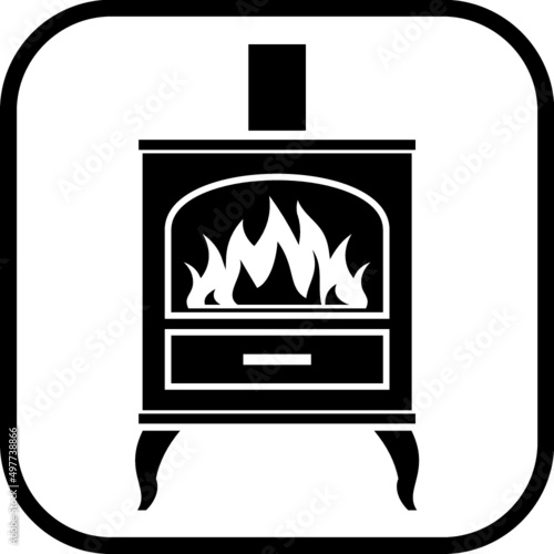 Burning oven. Pizzeria logo. Vintage kitchen stove with fire vector icon