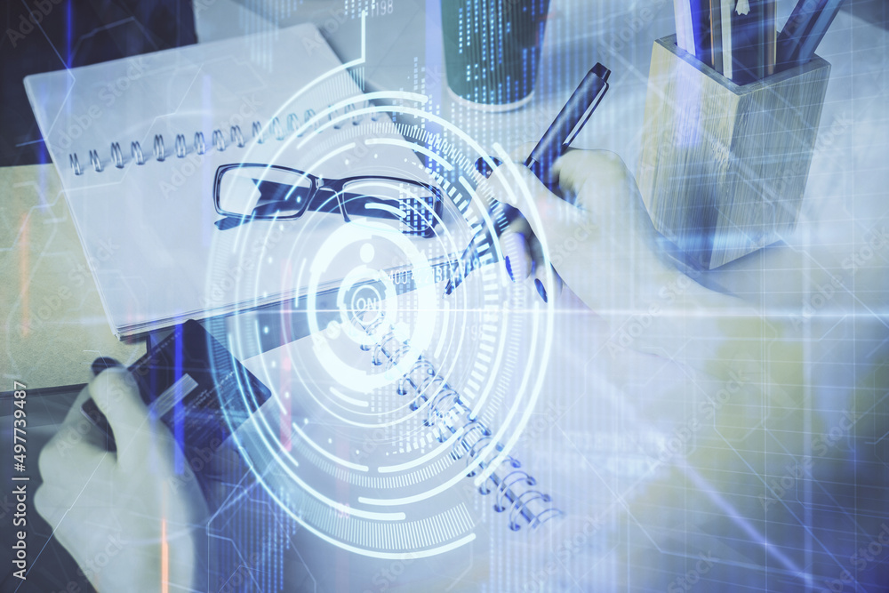 Double exposure of woman on-line shopping holding a credit card and data theme hologram drawing. E-commerce concept. Double exposure of woman on-line shopping holding a credit card and data theme hologram drawing. E-commerce concept.