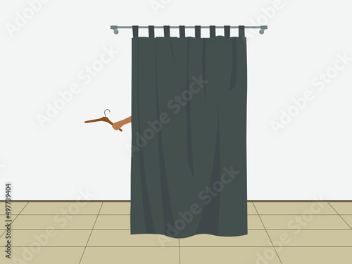 Female character with a hanger in a fitting room behind a closed curtain