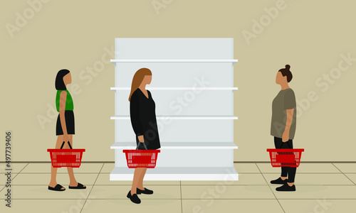 Three female characters with empty grocery baskets in their hands are standing near empty shelves