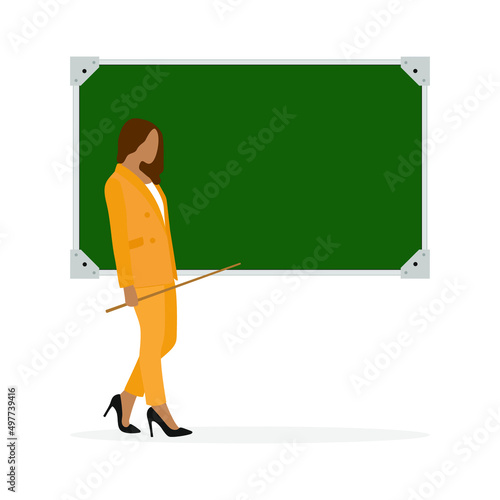 A female character in a pantsuit and with a pointer in hand stands near a blackboard on a white background