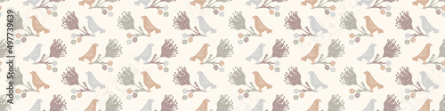 Calm newborn baby minimal bird seamless border pattern. Gender neutral scandi style sketch endless background ribbon tape. Trendy bordur edging.  photo