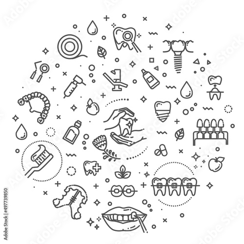Vector outline illustration Medicine. Stomatology. Flat collection