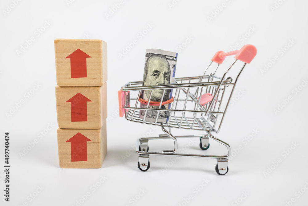 Dollars in a shopping cart and a symbol of growth in the form of a red arrow on wooden cubes.
