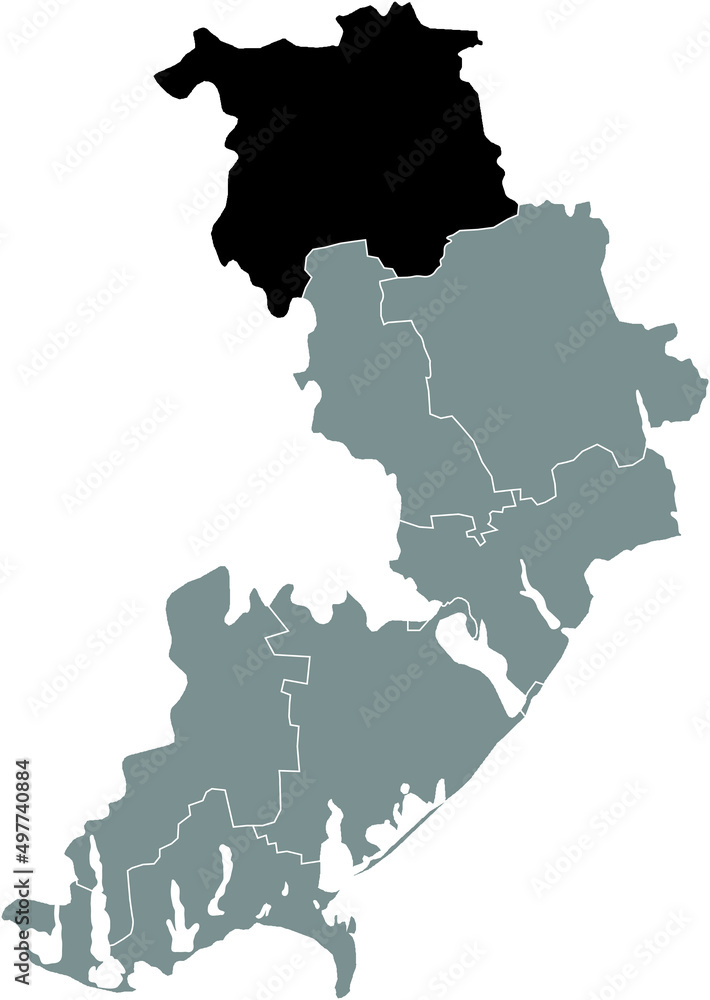 Black flat blank highlighted location map of the PODILSK RAION inside gray raions map of the Ukrainian administrative area of Odessa Oblast, Ukraine