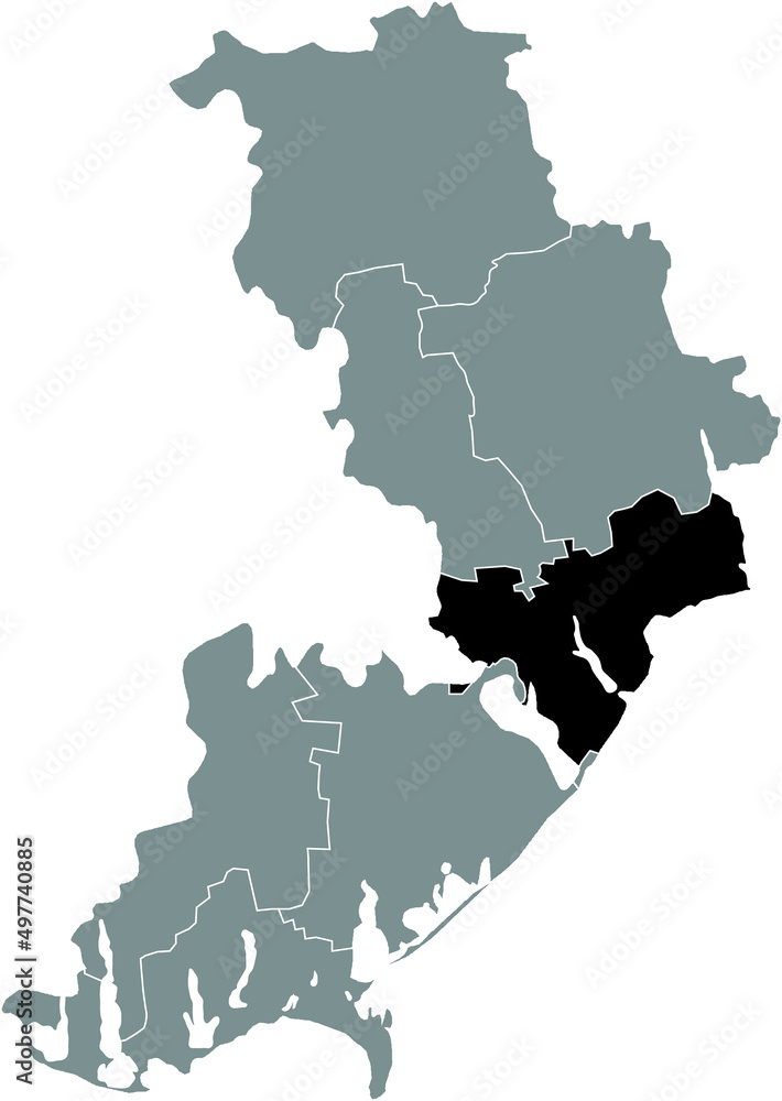 Black flat blank highlighted location map of the ODESSA RAION inside gray raions map of the Ukrainian administrative area of Odessa Oblast, Ukraine