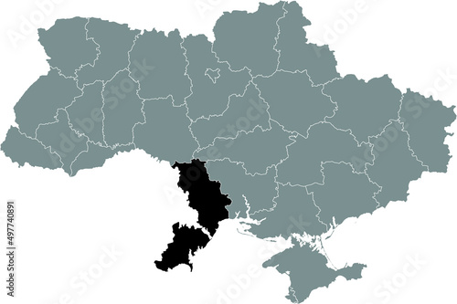 Black flat blank highlighted locator map of the Ukrainian administrative area of ODESSA OBLAST inside gray flat map of UKRAINE