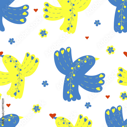 Ukrainian decorative seamless pattern. Yellow-blue birds with heart on white background with flowers. Vector illustration in colors of Ukrainian flag for national decor, design, packaging, wallpaper