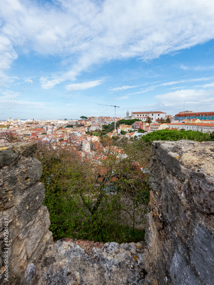 Ramparts, Defensive Walls And Towers In São Jorge Castle or Saint George Castle) overlooking the center of Lisbon, Portugal, Europe