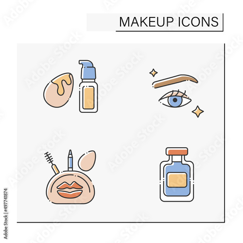 Makeup color icons set. Skin foundation, makeup kit, perfume. Beauty salon. Cosmetology concept. Isolated vector illustrations