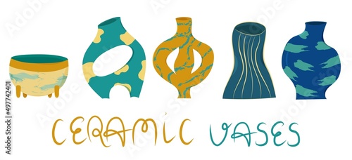 ceramic vases. interior vases of various shapes. handwritten font