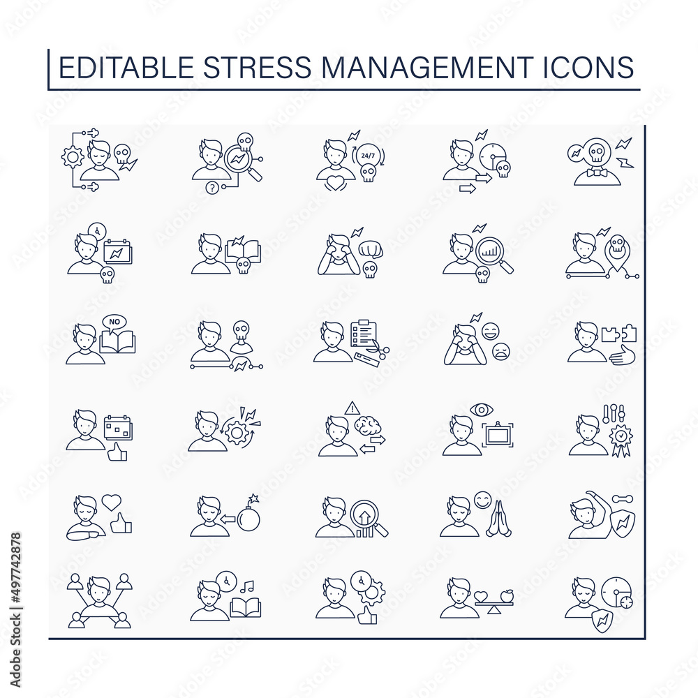 Stress management line icons set. Controlling person stress level. Avoid stressful situations. Mental health concept. Isolated vector illustrations. Editable stroke
