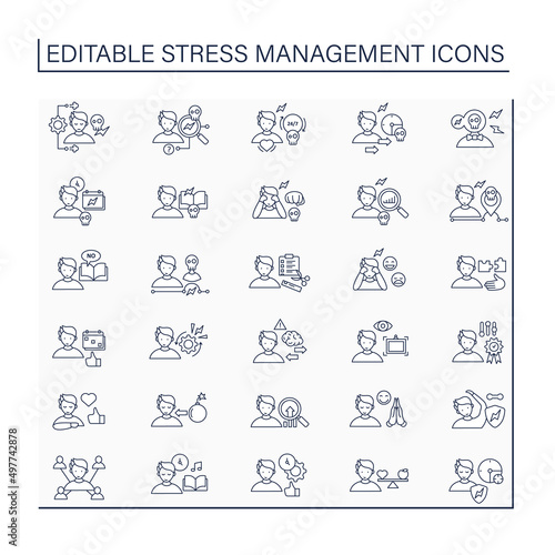 Stress management line icons set. Controlling person stress level. Avoid stressful situations. Mental health concept. Isolated vector illustrations. Editable stroke