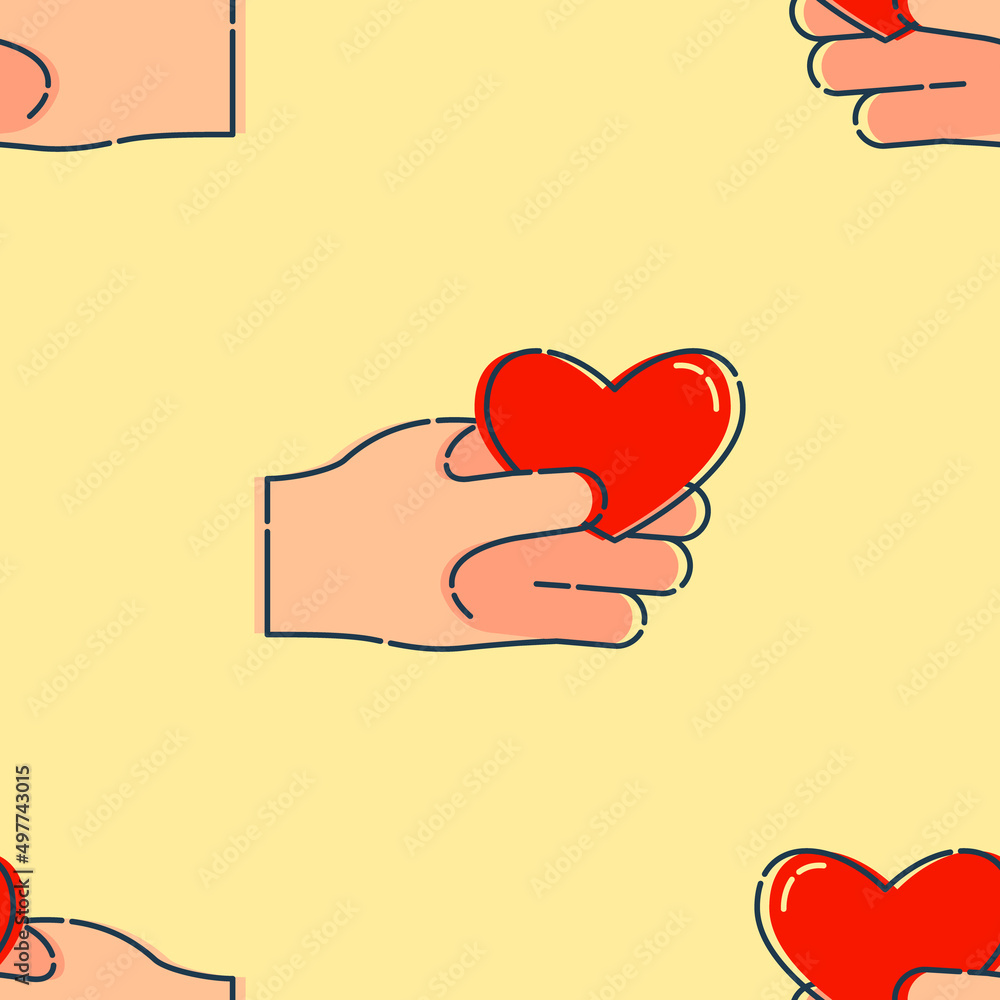 Line art seamless pattern with human hand hold of a red heart on color background. Romance graphic texture. Holiday celebration decorative print. Personal relationship. Black contour line Line art seamless pattern with human hand hold of a red heart on color background. Romance graphic texture. Holiday celebration decorative print. Personal relationship. Black contour line