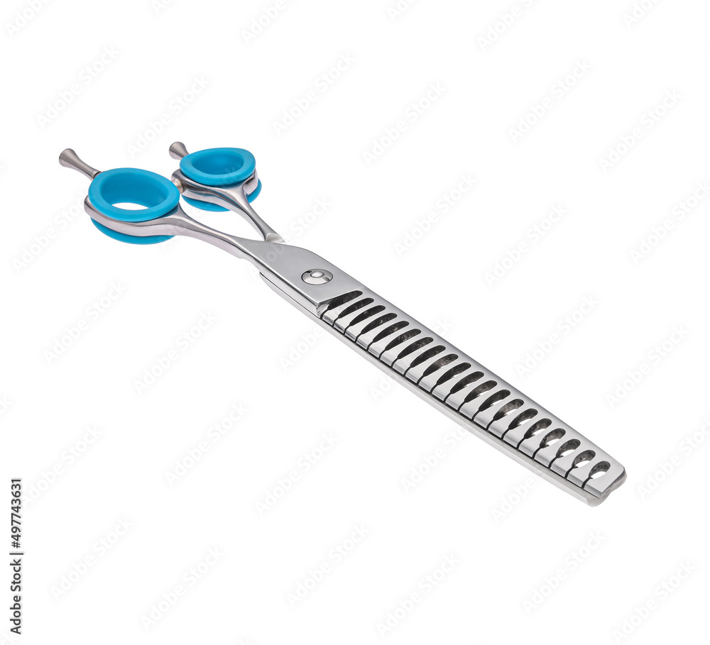 Scissors for cutting people and pets. Grooming scissors. Closed scissors on a white isolated background. Angle view. Scissors for cutting people and pets. Grooming scissors. Closed scissors on a white isolated background. Angle view.